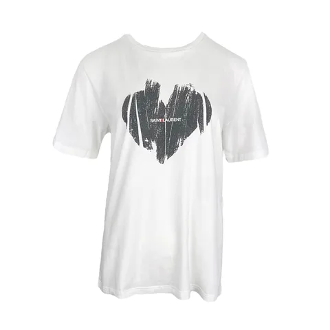 Saint Laurent White Black Heart Logo Print Cotton Tshirt S - 1