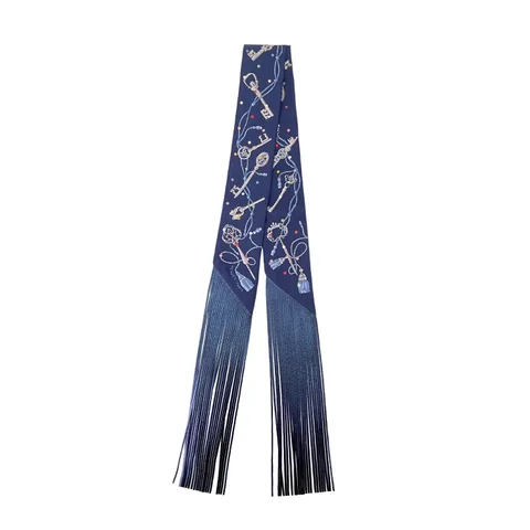 Hermes Bleu Marine Gris Argent Multicolor Les Cles A Pois Leather Fringes Silk Twilly Scarf - 1