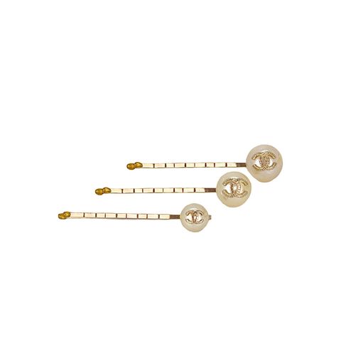 Chanel White Pearl Gold CC Hair Clip Barrette 3 Set - 1