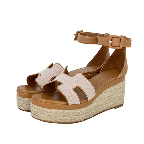 Hermes Noisette Naturel Canvas Goatskin Elda Espadrille Sandals 39 - 1