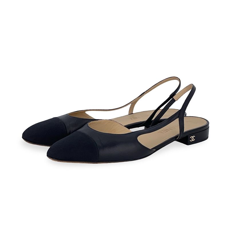 Chanel Black Goatskin Cap Toe CC Slingbacks 41