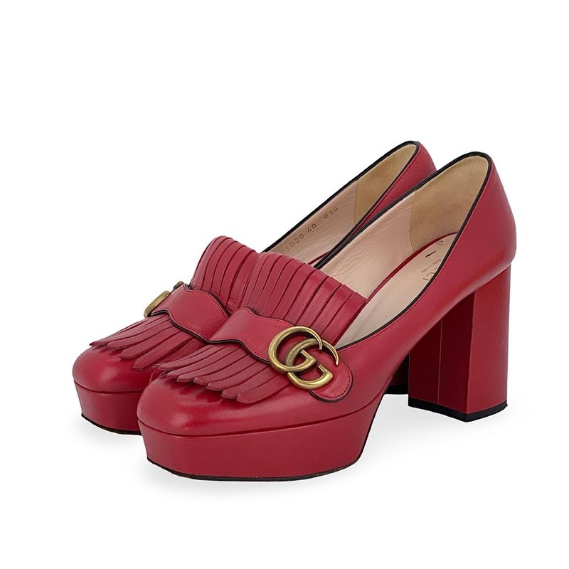Gucci Red Leather Gold GG Marmont Fringe Platform Loafers 40