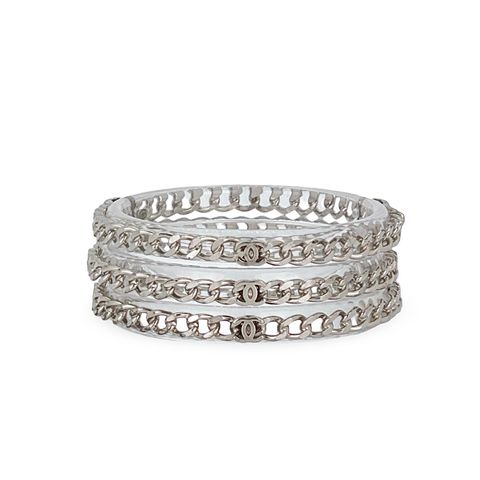Chanel White Resin Silver Chain CC Bangle 3 Set - 1