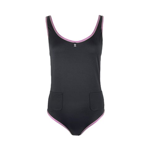 Chanel Black Pink Trims Crystal CC Logo One Piece 2025 Swimsuit 42 - 1