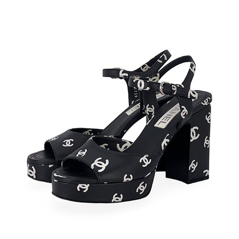 Chanel Black White CC Printed Lambskin Platform Sandals 38 - 1