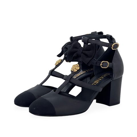 Chanel Black Lambskin Grosgrain Cap Toe Camellia Mary Jane Pumps 37 - 1