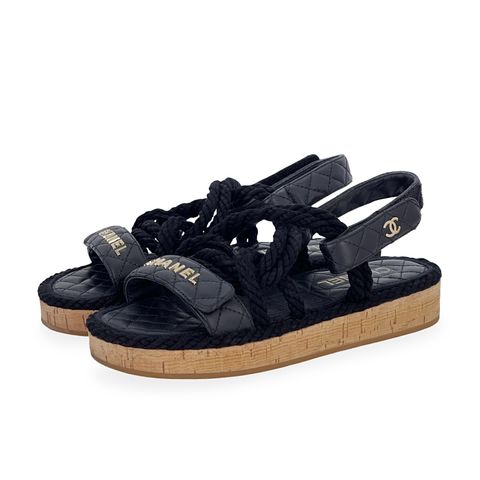 Chanel Black Quilted Leather Logo Cord Rope Cork Slingback Sandals 37 - 1