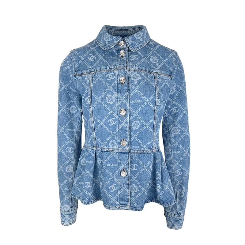 Chanel Blue Denim Camellia CC Peplum 2023 Jacket 38