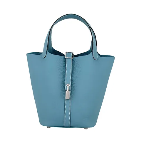 Hermes Clemence Leather Palladium Hardware New Bleu Jean Picotin 18 - 1