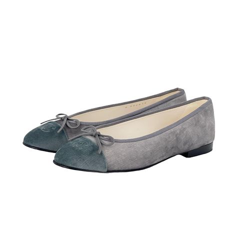 Chanel Grey Green Velvet Cap Toe Ballerina Flats 39.5 - 1
