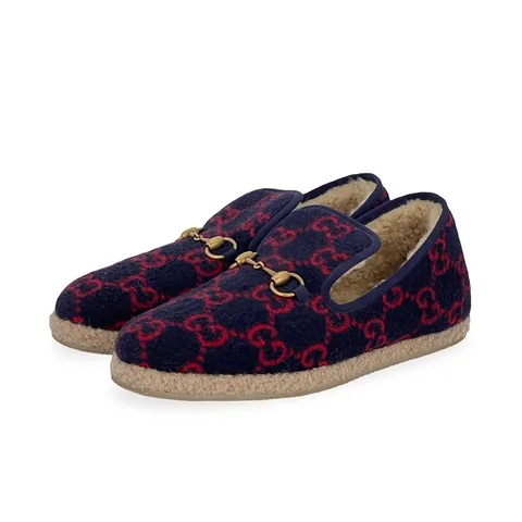 Gucci Navy Blue Red Wool GG Fria Horsebit Loafers 40.5 - 1