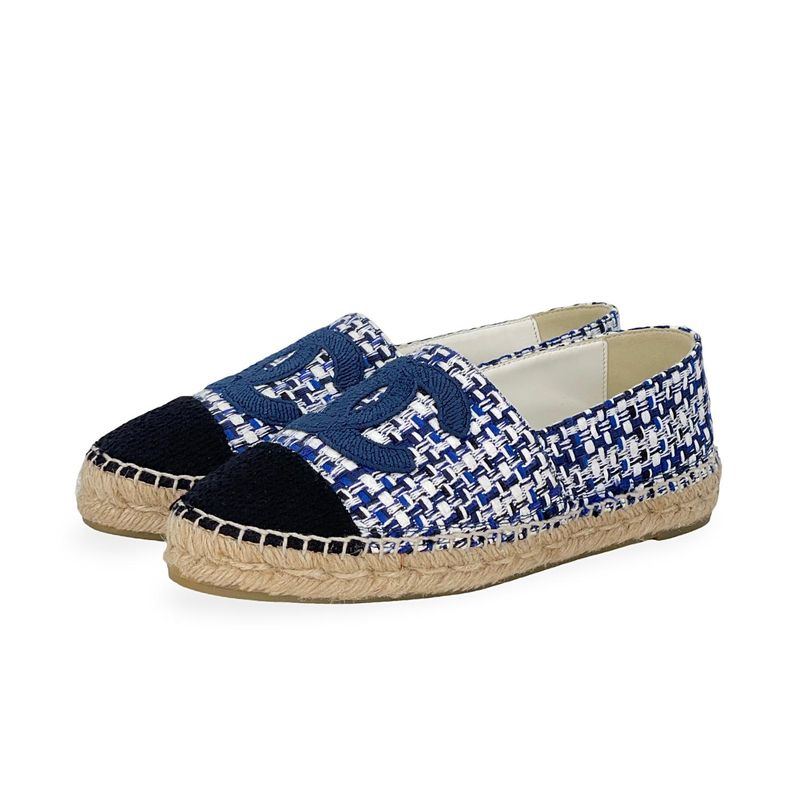 Chanel Blue White CC Tweed Espadrilles 38