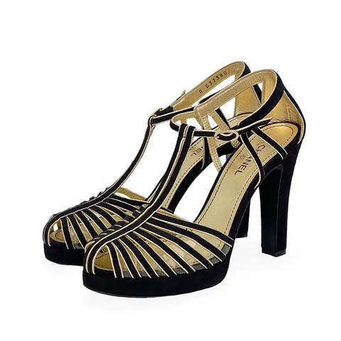 Chanel Black Gold Suede Kidskin Strappy Sandals 37.5 - 1