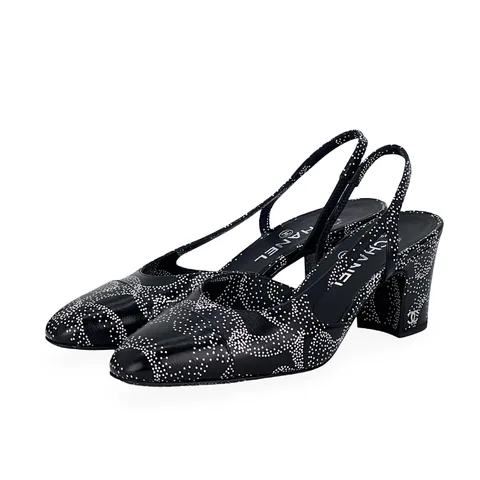 Chanel Black White Calfskin Camellia Printed Cap Toe CC Slingback Pumps 37.5 - 1
