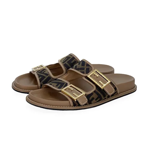 Fendi Brown FF Jacquard Fabric Feel Slides 40 - 1