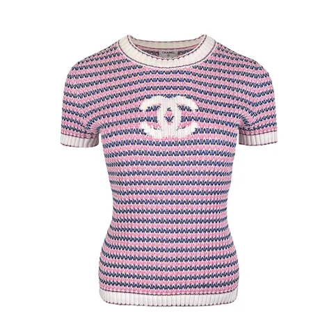 Chanel Pink Blue Striped CC Logo Short Sleeve 2020 Tshirt 36 - 1