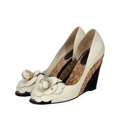Chanel Ivory Leather Camellia Quilted Cork Wedge Pumps 37 - 1