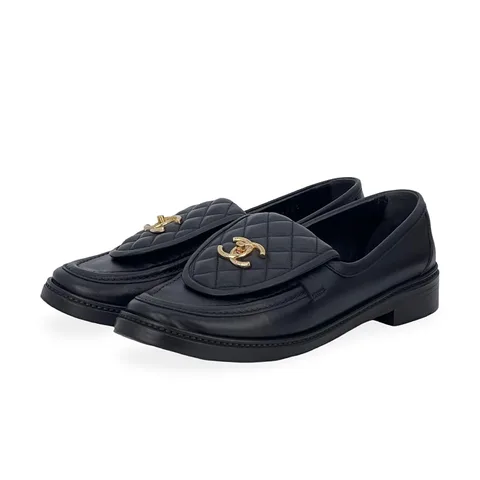 Chanel Black Quilted Leather Flap Turn Lock CC Loafers 41C - 1
