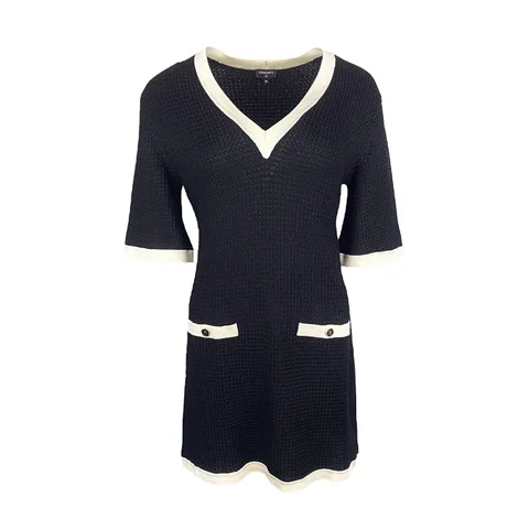 Chanel Black Cream Viscose Textured Knit 2024 Mini Dress 36 - 1
