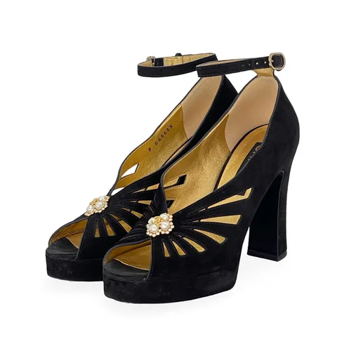 Chanel Black Suede Pearl Shamrock CC Heeled Sandals 38 - 1