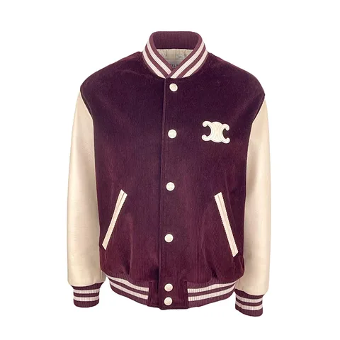 Celine Burgundy White Trionphe Patch Corduroy Loose Teddy Jacket 34
