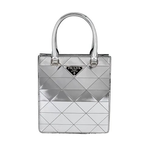 Prada Argento Spazzolato Metal Triangle Logo Patterned Small Double Handle Crossbody Bag - 1