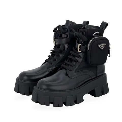 Prada Black Monolith Leather Re-Nylon Pouch Combat Boots 37 - 1