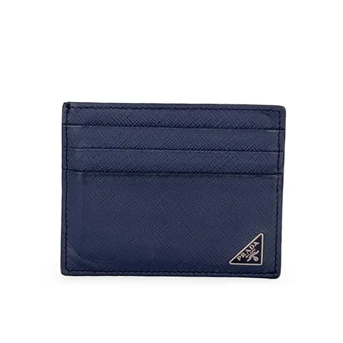 Prada Navy Blue Saffiano Leather Triangle Logo Card Holder - 1