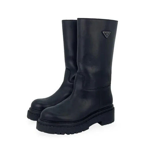 Prada Black Leather Triangle Logo Shearling Winter Boots 37 - 1