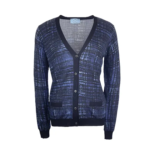Prada Navy Blue Black Plaid Wool Cardigan IT44 - 1