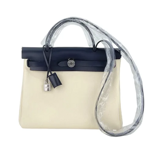 Hermes Militaire Canvas Vache Hunter Leather Palladium Hardware Vanille Bleu Indigo Zip Herbag 31 - 1