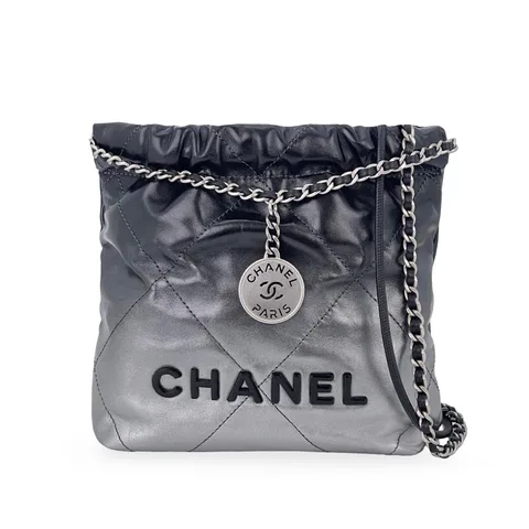 Chanel Black Silver Metallic Shaded Calfskin Quilted Mini 22 Bag - 1