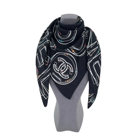 Chanel Black White Multicolor CC Logo Print Silk Scarf - 1