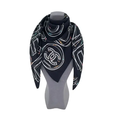Chanel Black White Multicolor CC Logo Print Silk Scarf