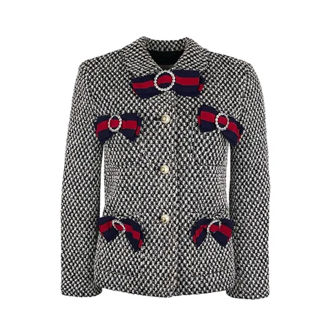 Gucci Black White Tweed Web Crystal Bow Detail Pearl Button Jacket IT44 - 1