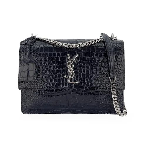 Saint Laurent Black Crocodile Embossed Leather Medium Sunset Shoulder Bag - 1