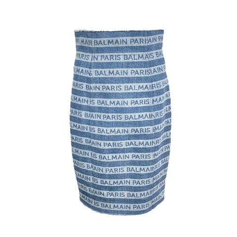 Balmain Blue Striped Logo Fringe Denim Skirt 38 - 1