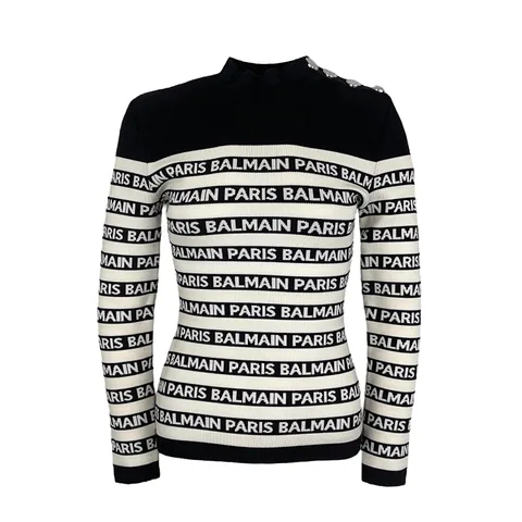 Balmain Black White Logo Knit Viscose Silver Button Jumper 38 - 1