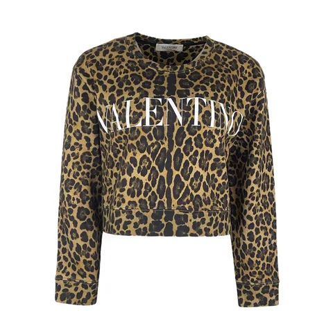 Valentino Brown Leopard Printed Cotton Cropped Sweatshirt L - 1