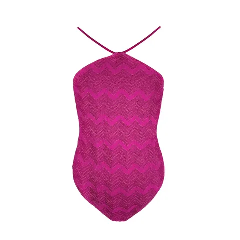 Missoni Purple Zigzag Lame Viscose Halter Neck One Piece Swimsuit IT44 - 1