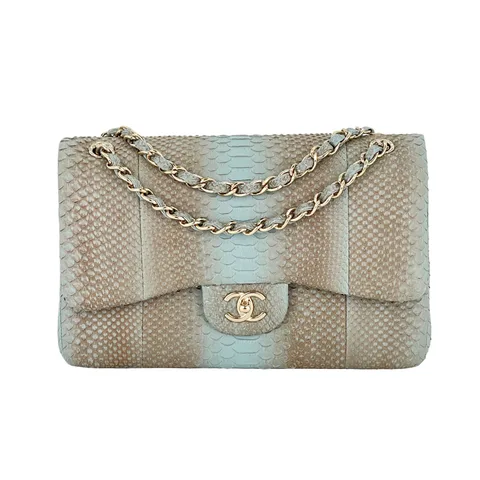 Chanel Brown Blue Python Leather Light Gold Hardware Classic Jumbo Double Flap Bag - 1