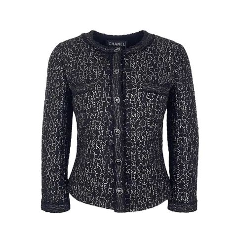 Chanel Black Silver Round Neck Coco Letter Print 2007 Jacket 38 - 1
