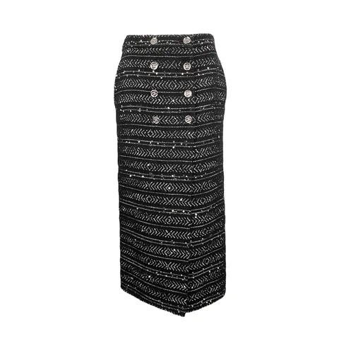 Chanel Black Silver Tweed Sequin CC Button 2023 Skirt 36 - 1