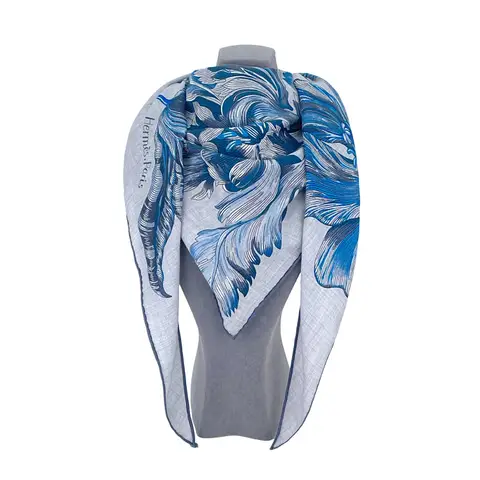 Hermes Blue Beige Tulipomanie Cashmere Silk Triangle Scarf