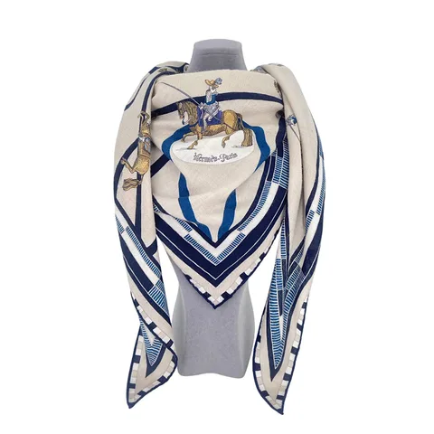 Hermes Beige Blanc Marine Cashmere Silk Passades Et Serpentines Giant Triangle Scarf - 1