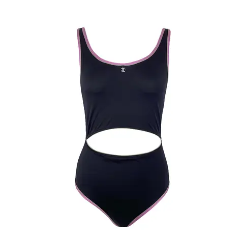 Chanel Black Pink Trims Crystal CC Stretch Jersey One Piece 2025 Swimsuit 36