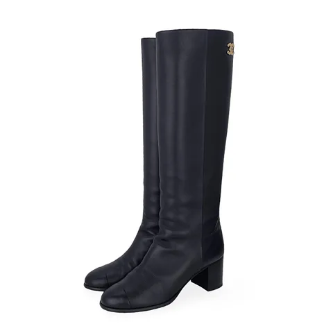 Chanel Black Leather Interlocking CC Logo Riding Boots 38.5 - 1