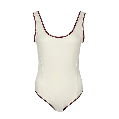 Chanel Ecru Burgundy Logo Trim One Piece 2025 Swimsuit 40