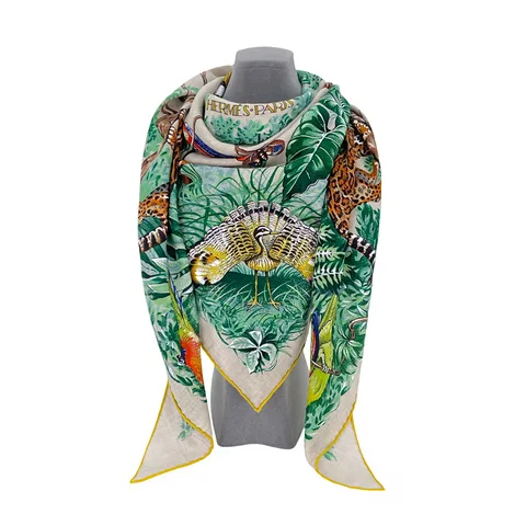 Hermes Naturel Vert Multicolor Cashmere Silk Equateur Triangle Scarf - 1