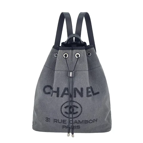 Chanel Grey Denim Sequins Logo Deuaville Backpack - 1